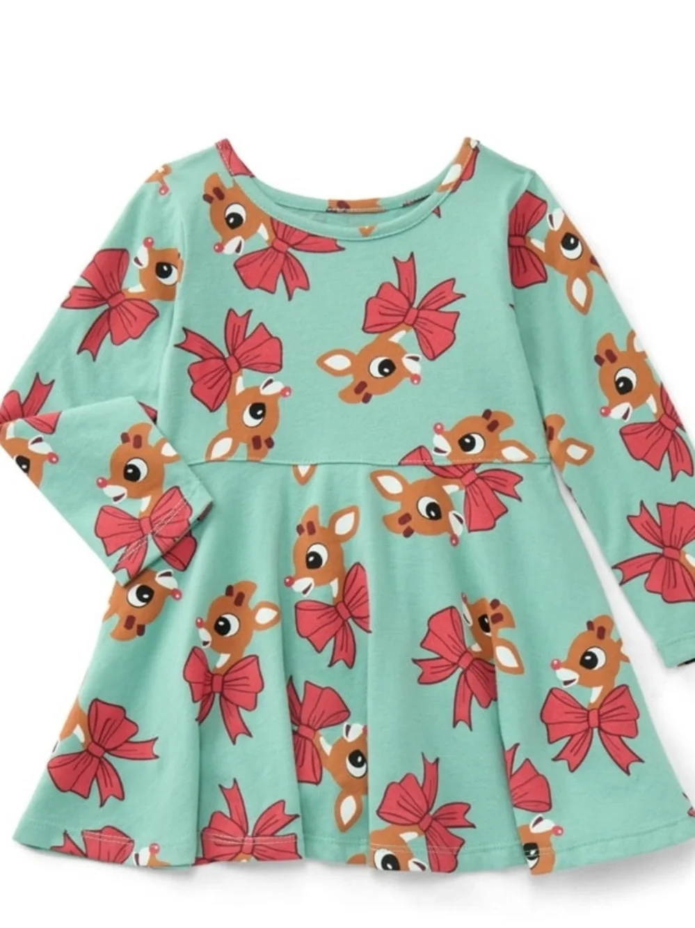 Rudolph Reindeer Bow Print Twirl Dress - Teal & Red